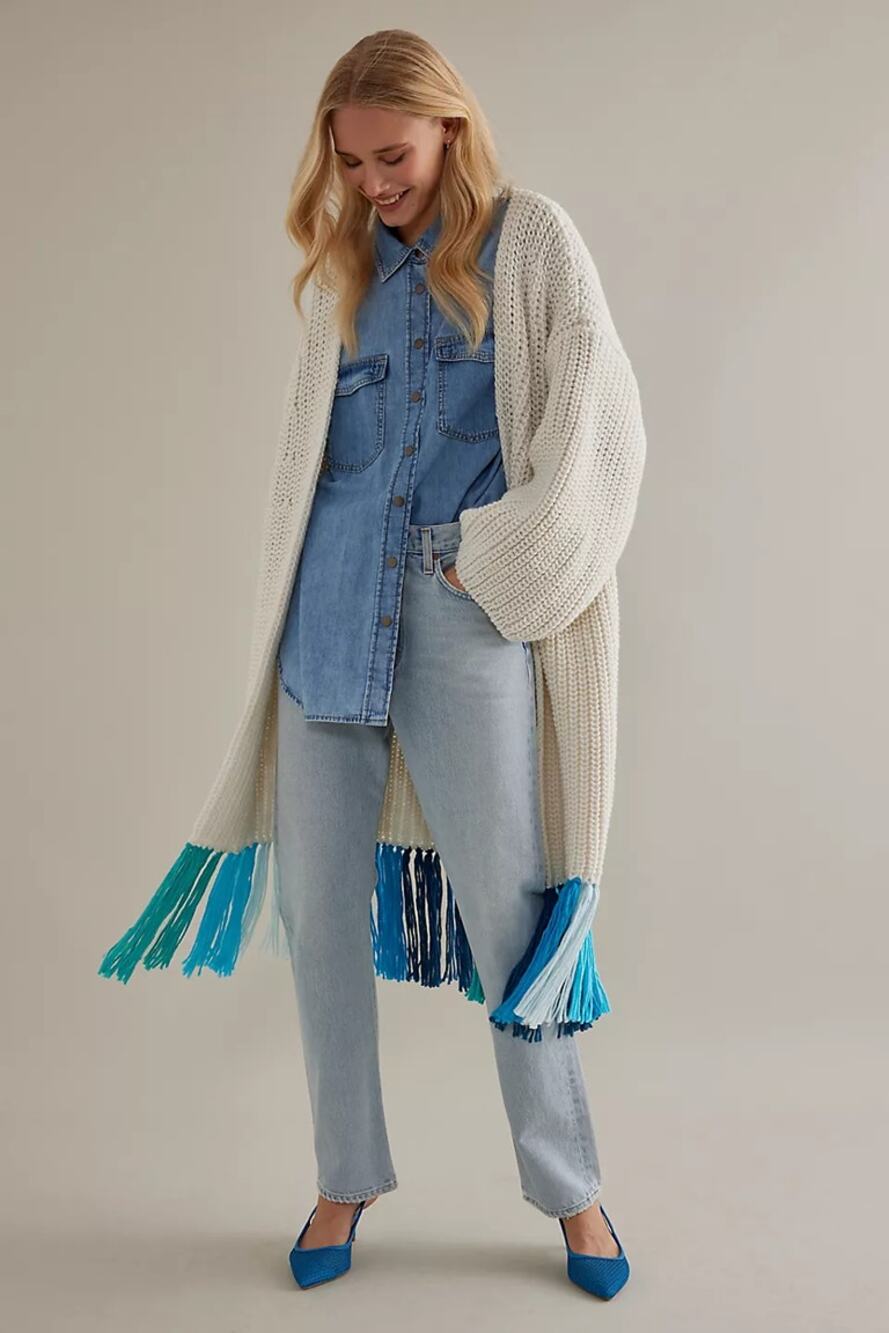 Anthropologie Multicolor Fringe Duster Kimono Cardigan Ivory Blue One Size